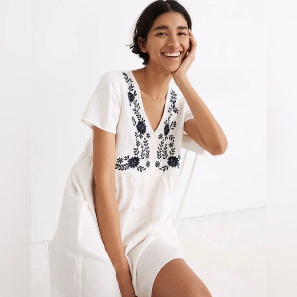 Madewell Dresses & Skirts - Madewell Embroidered Linen-Blend Alexandra Button-Front Mini Dress, small, NWOT